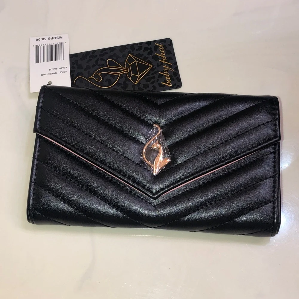 Baby Phat Black Faux Leather Quilted Chevron Flap Clutch Wallet Cat Logo NWT